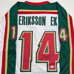 Autographed/Signed Joel Eriksson Ek Minnesota White 25th Anniversary Hockey Jersey Beckett BAS COA (ONLINE ORDER ONLY)