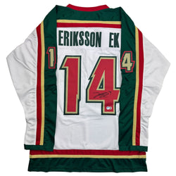 Autographed/Signed Joel Eriksson Ek Minnesota White 25th Anniversary Hockey Jersey Beckett BAS COA (ONLINE ORDER ONLY)