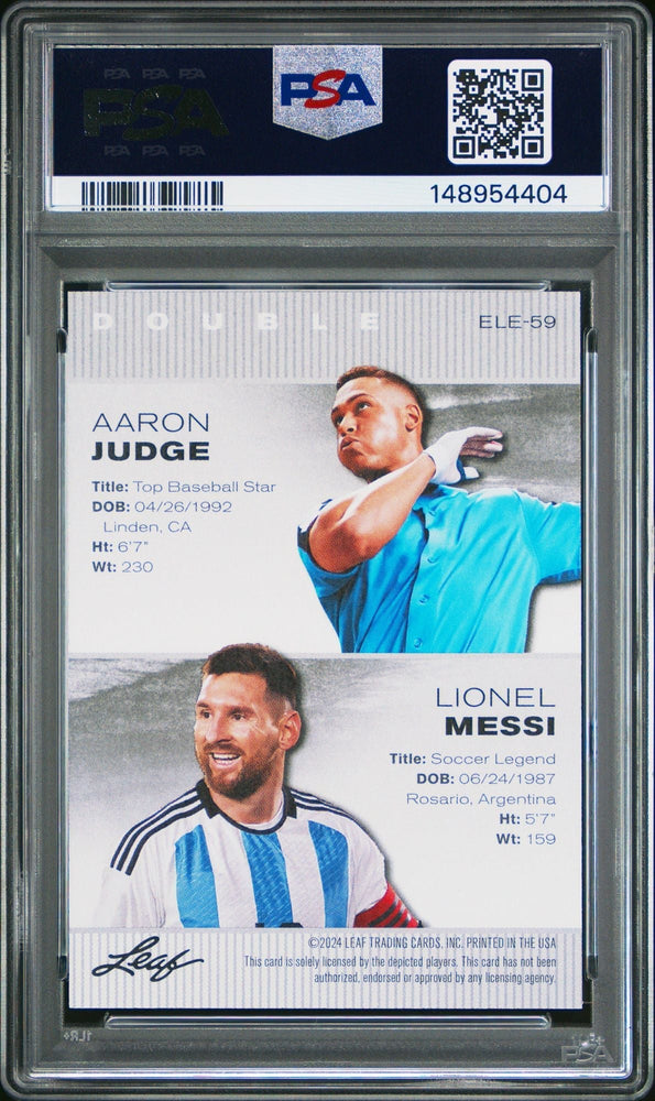 Graded 2024 Leaf Special Release Lionel Messi Aaron Judge #ELE59 Exclusive Legends Edition Soccer Card PSA 10 Gem Mint (ONLINE ORDER ONLY)
