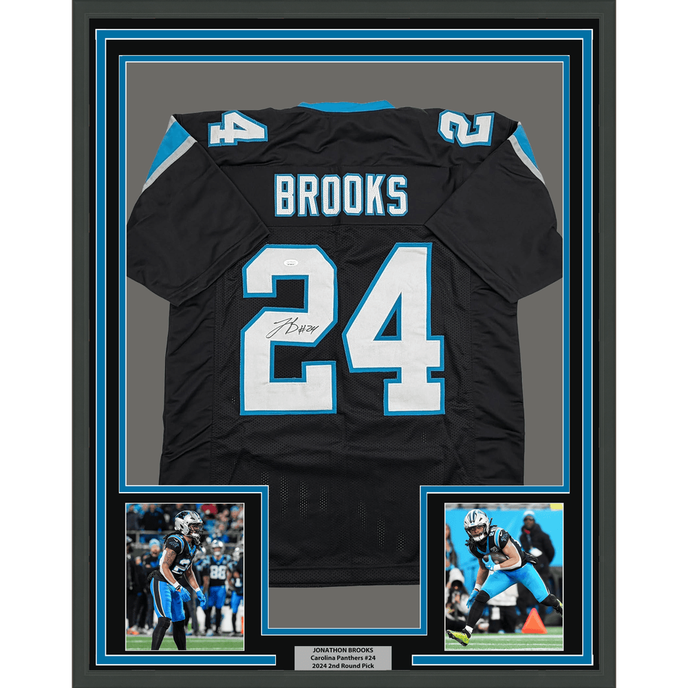 Framed Autographed/Signed Jonathon Brooks 35x39 Carolina Black Football Jersey JSA COA (ONLINE ORDER ONLY)