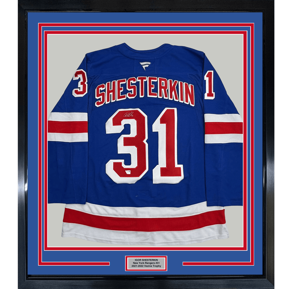 Framed Autographed/Signed 35x39 Igor Shesterkin New York Rangers Blue Authentic Hockey Jersey Fanatics COA (ONLINE ORDER ONLY)