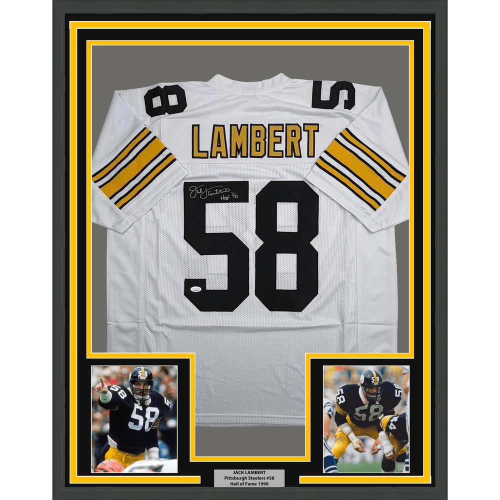 Framed Autographed/Signed Jack Lambert 35x39 Pittsburgh White Football Jersey JSA COA (ONLINE ORDER ONLY)