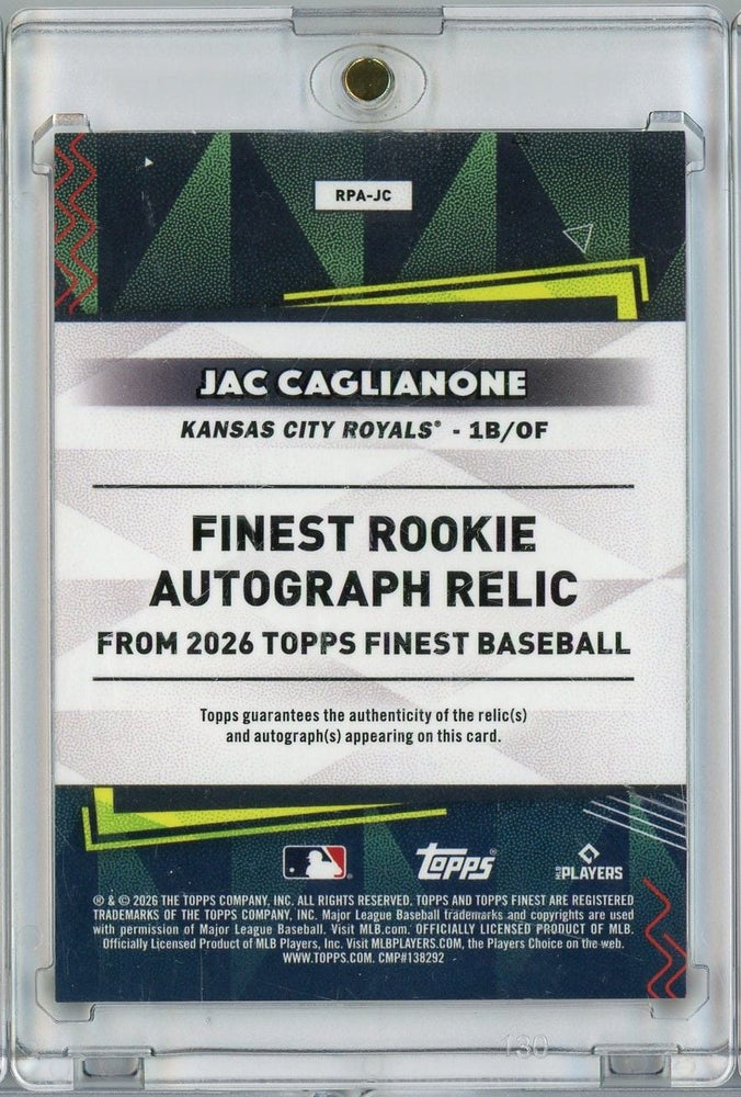 2026 Topps Finest Jac Caglianone #RPA-JC Finest Rookie Autograph Relic Orange /25 Rookie RC Baseball Card (ONLINE ORDER ONLY)