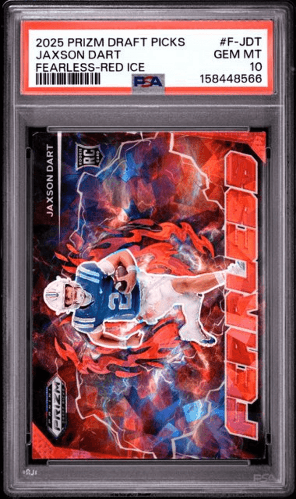 Graded 2025 Panini Prizm Draft Picks Jaxson Dart #FJDT Fearless Red Ice Rookie RC Football Card PSA 10 Gem Mint (ONLINE ORDER ONLY)