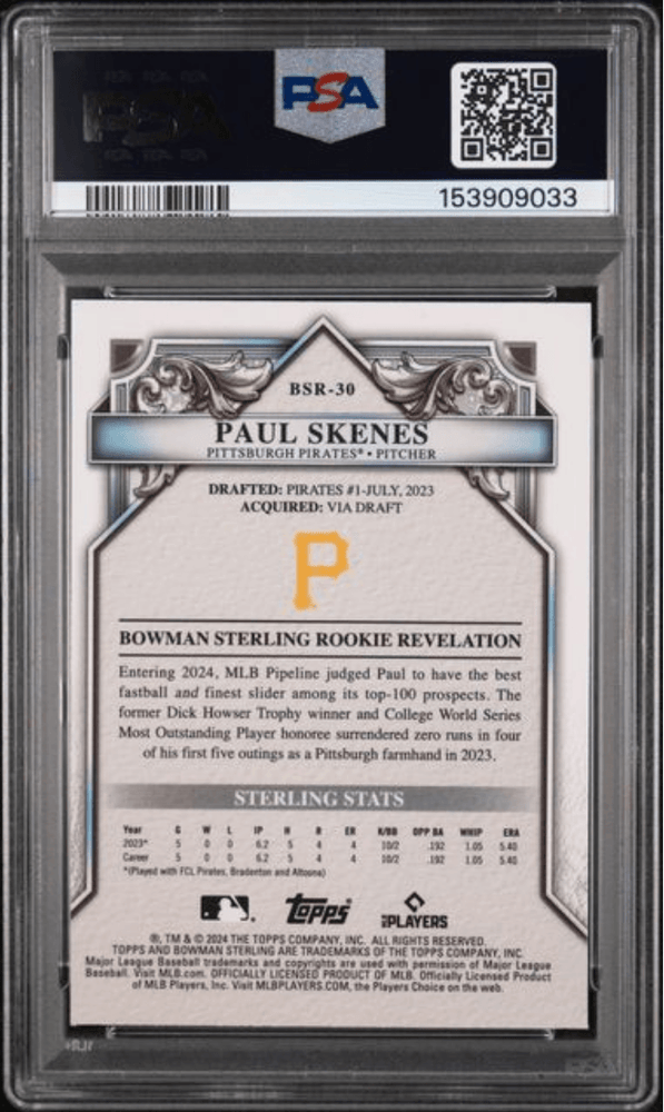 Graded 2024 Topps Bowman Sterling Paul Skenes #BSR30 Rookies Mini Diamond Refractor /150 Rookie RC Baseball Card PSA 10 Gem Mint (ONLINE ORDER ONLY)