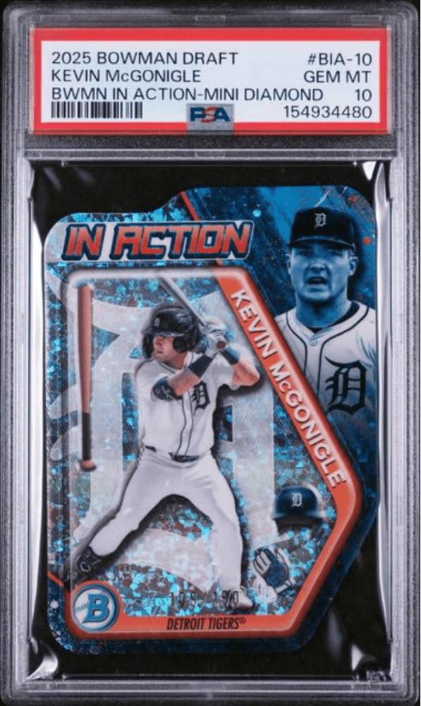Graded 2025 Topps Bowman Draft Kevin McGonigle #BIA10 Bowman In Action Mini Diamond /150 Rookie RC Baseball Card PSA 10 Gem Mint (ONLINE ORDER ONLY)
