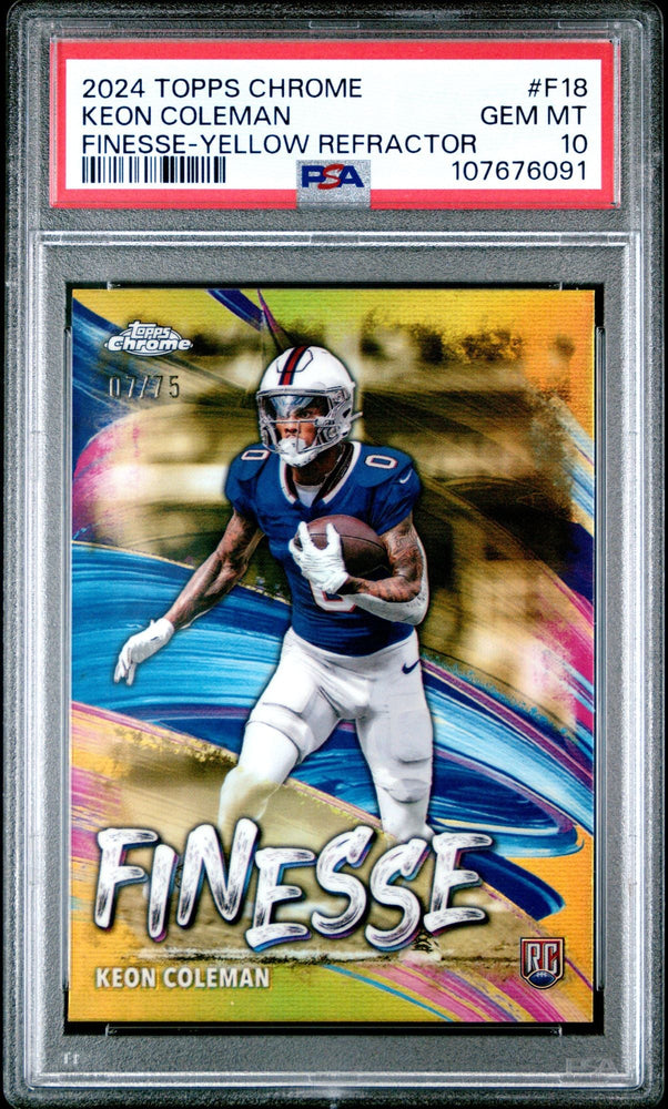 Graded 2024 Topps Chrome Keon Coleman #F18 Finesse Yellow Refractor /75 Rookie RC Football Card PSA 10 Gem Mint (ONLINE ORDER ONLY)