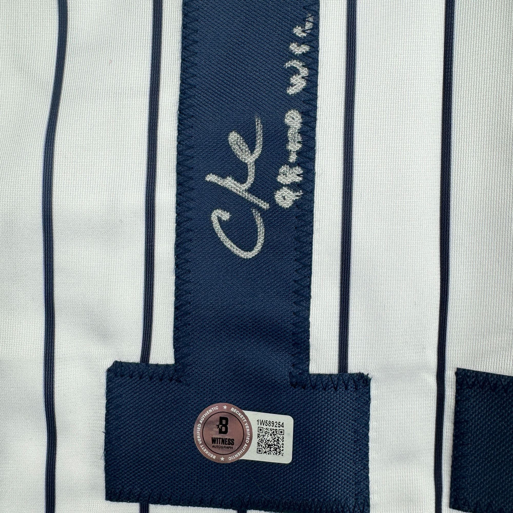 Autographed/Signed Chuck Knoblauch "98-00 WSC" New York Pinstripe Baseball Jersey Beckett BAS COA (ONLINE ORDER ONLY)