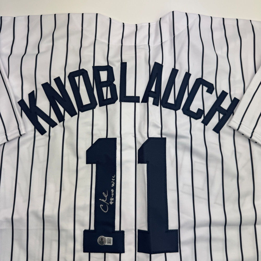Autographed/Signed Chuck Knoblauch "98-00 WSC" New York Pinstripe Baseball Jersey Beckett BAS COA (ONLINE ORDER ONLY)