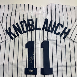 Autographed/Signed Chuck Knoblauch "98-00 WSC" New York Pinstripe Baseball Jersey Beckett BAS COA (ONLINE ORDER ONLY)