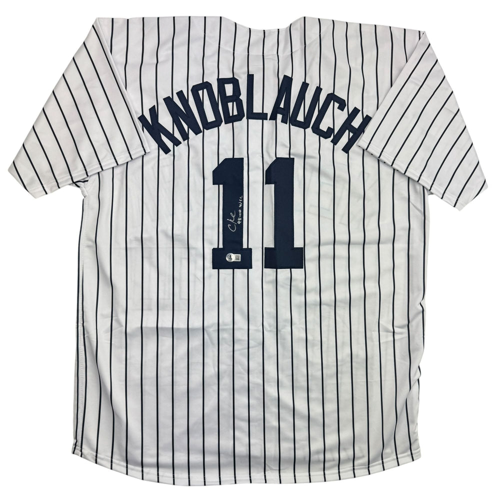 Autographed/Signed Chuck Knoblauch "98-00 WSC" New York Pinstripe Baseball Jersey Beckett BAS COA (ONLINE ORDER ONLY)