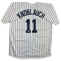Autographed/Signed Chuck Knoblauch "98-00 WSC" New York Pinstripe Baseball Jersey Beckett BAS COA (ONLINE ORDER ONLY)