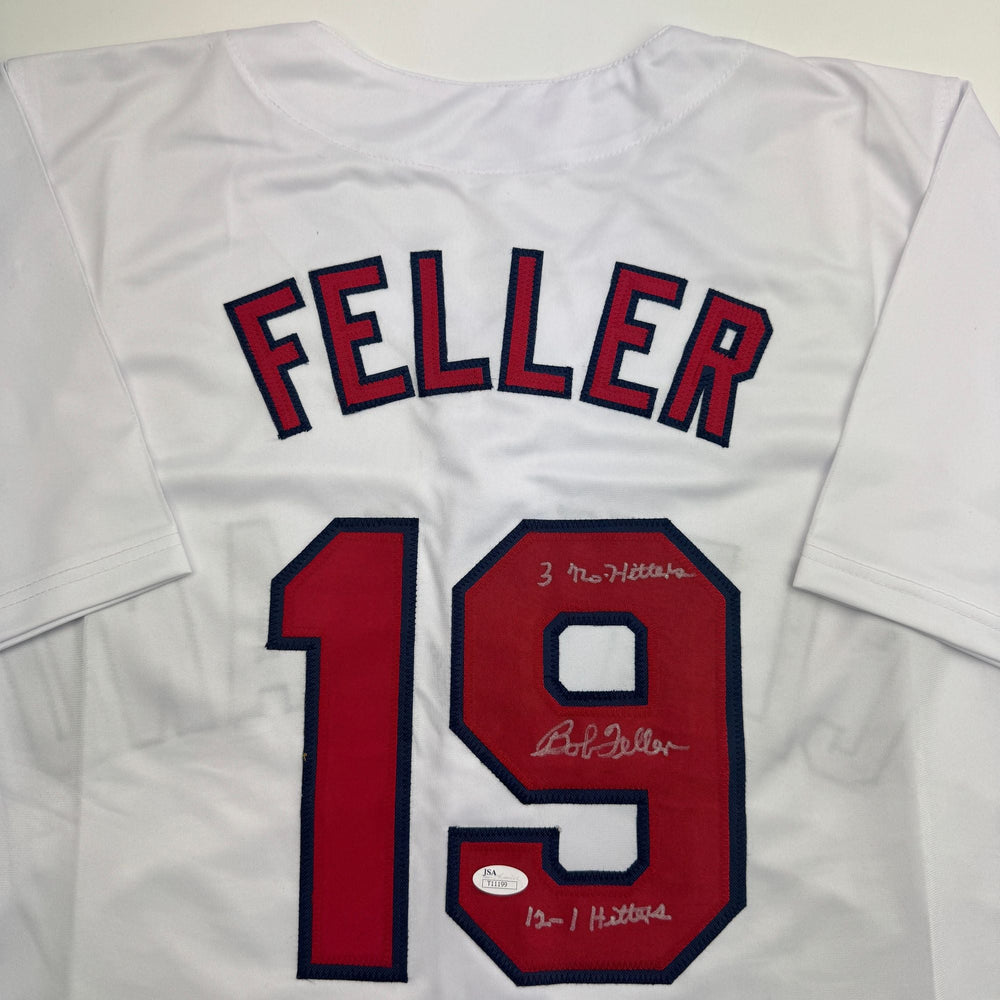 Autographed/Signed Bob Feller Cleveland White Baseball Jersey JSA COA (ONLINE ORDER ONLY)