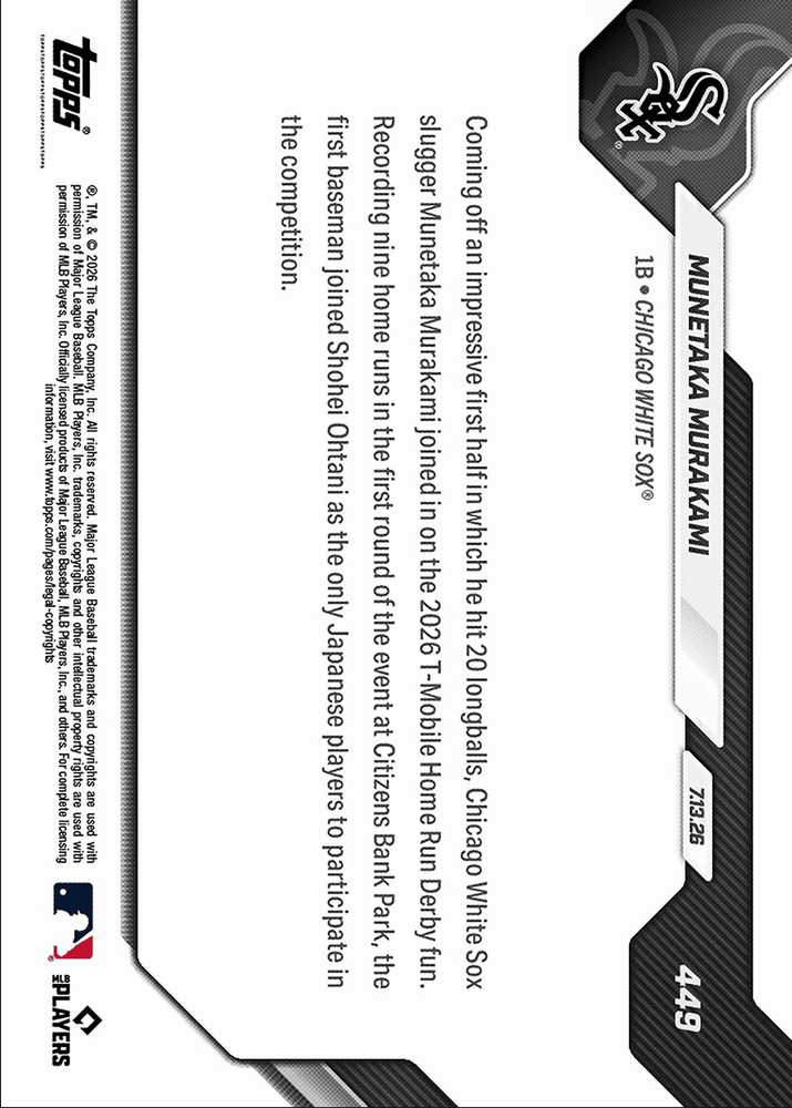 2026 Topps Now Munetaka Murakami #449 2nd Japan Native Ever in Home Run Derby Chicago White Sox Rookie RC Baseball Card (ONLINE ORDER ONLY)
