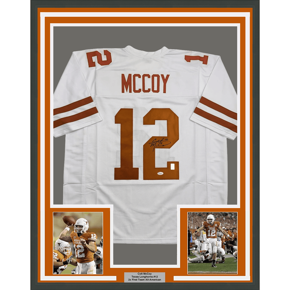 Framed Autographed/Signed Colt McCoy 35x39 Texas White College Football Jersey JSA COA (ONLINE ORDER ONLY)