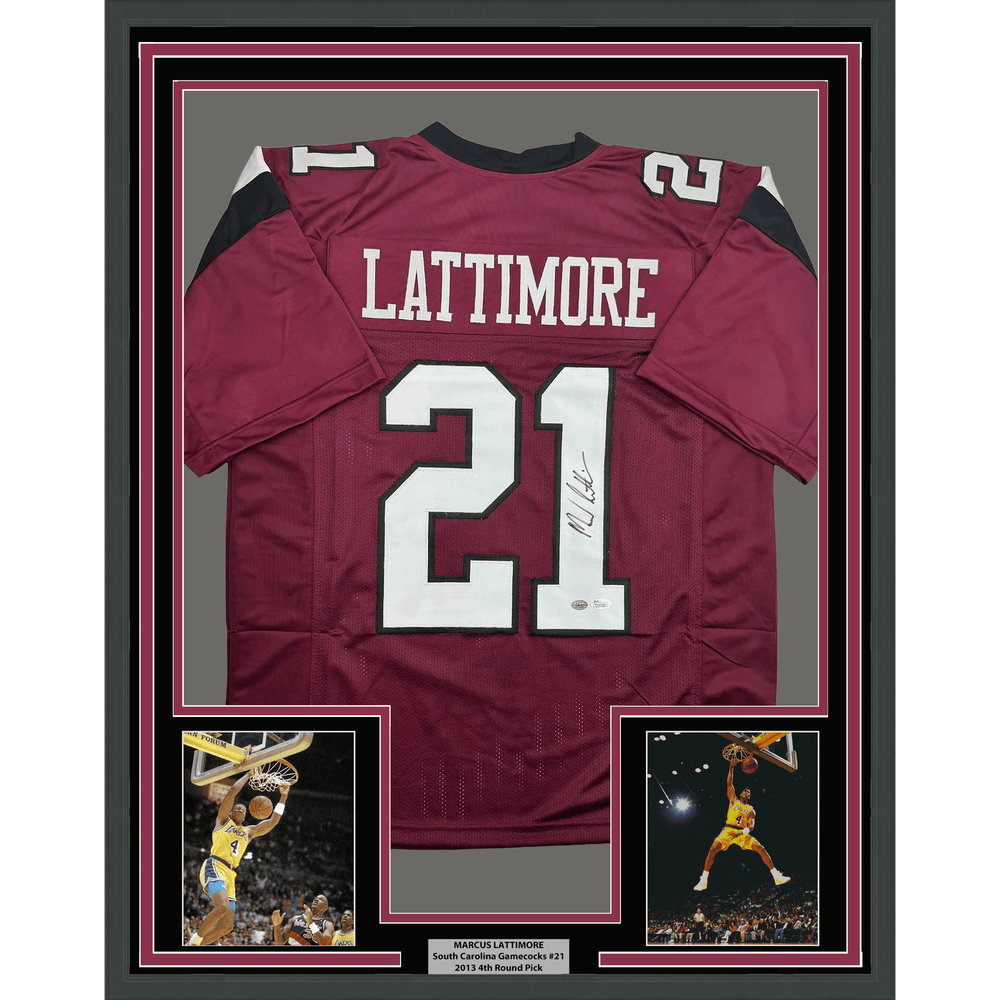 Framed Autographed/Signed Marcus Lattimore 35x39 South Carolina Maroon College Football Jersey JSA COA (ONLINE ORDER ONLY)
