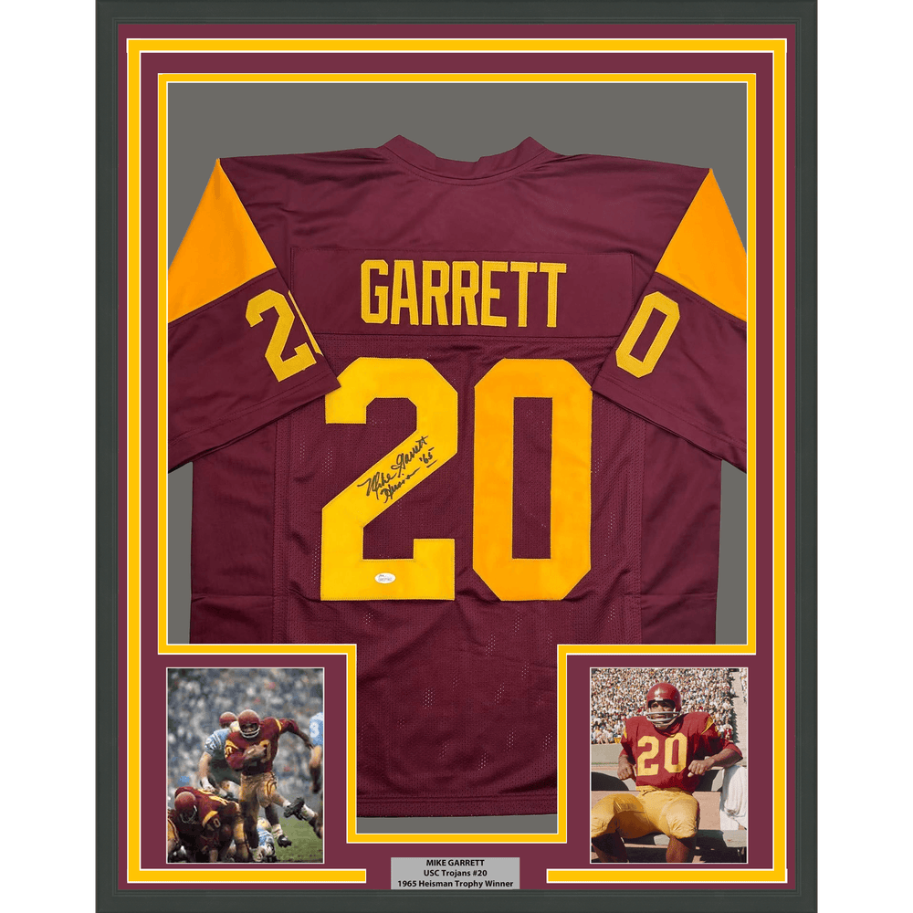 Framed Autographed/Signed Mike Garrett 35x39 Heisman 65 USC Southern Cal Red College Football Jersey JSA COA (ONLINE ORDER ONLY)