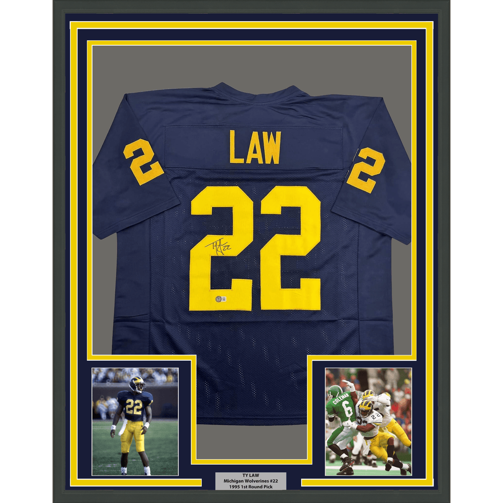 Framed Autographed/Signed Ty Law 35x39 Michigan Blue College Football Jersey Beckett BAS COA (ONLINE ORDER ONLY)