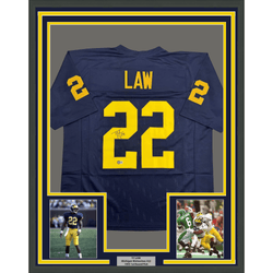 Framed Autographed/Signed Ty Law 35x39 Michigan Blue College Football Jersey Beckett BAS COA (ONLINE ORDER ONLY)