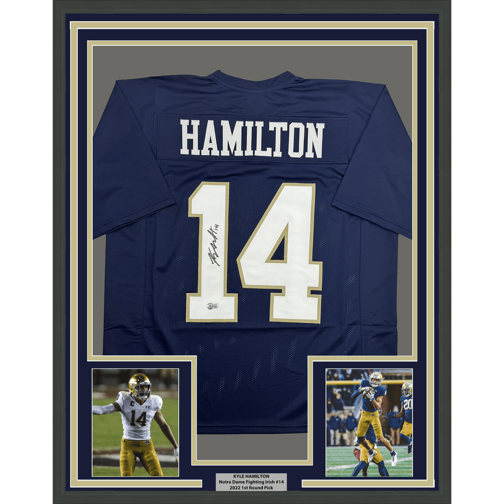 Framed Autographed/Signed Kyle Hamilton 35x39 Notre Dame Blue College Football Jersey Beckett BAS COA (ONLINE ORDER ONLY)
