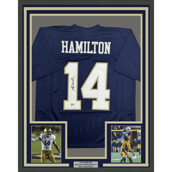 Framed Autographed/Signed Kyle Hamilton 35x39 Notre Dame Blue College Football Jersey Beckett BAS COA (ONLINE ORDER ONLY)