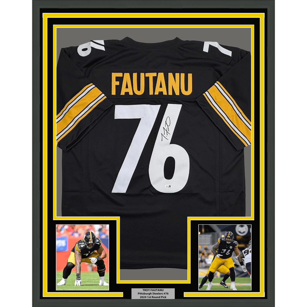 Framed Autographed/Signed Troy Fautanu 35x39 Pittsburgh Black Football Jersey JSA COA (ONLINE ORDER ONLY)