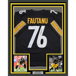 Framed Autographed/Signed Troy Fautanu 35x39 Pittsburgh Black Football Jersey JSA COA (ONLINE ORDER ONLY)