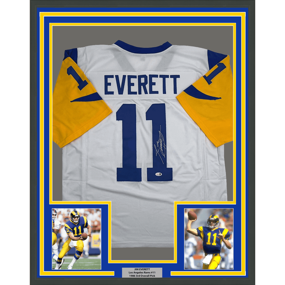 Framed Autographed/Signed Jim Everett 35x39 Los Angeles LA White Football Jersey JSA COA (ONLINE ORDER ONLY)