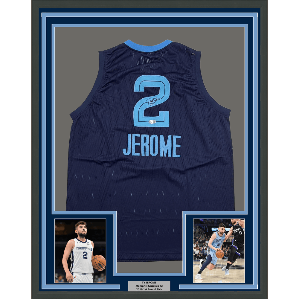 Framed Autographed/Signed Ty Jerome 35x39 Memphis Navy Blue Basketball Jersey Beckett BAS COA (ONLINE ORDER ONLY)