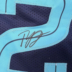 Framed Autographed/Signed Ty Jerome 35x39 Memphis Navy Blue Basketball Jersey Beckett BAS COA (ONLINE ORDER ONLY)