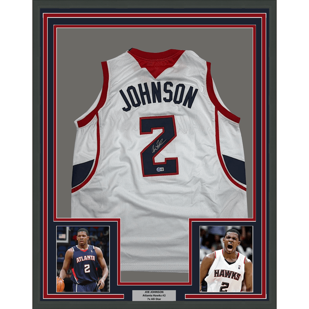 Framed Autographed/Signed Joe Johnson 35x39 Atlanta White Basketball Jersey Beckett BAS COA (ONLINE ORDER ONLY)