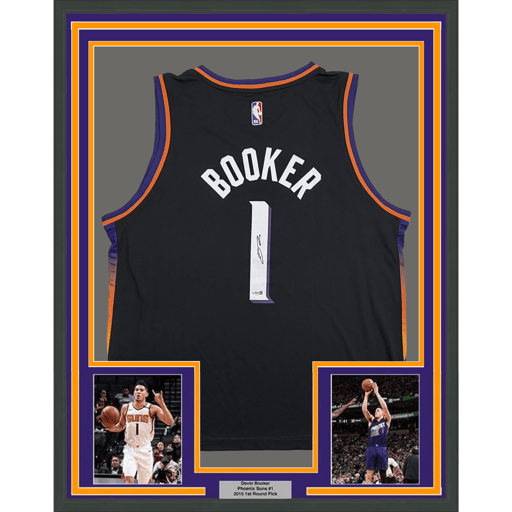 Framed Autographed/Signed Devin Booker 35x39 Phoenix Suns Black Authentic Basketball Jersey JSA COA (ONLINE ORDER ONLY)