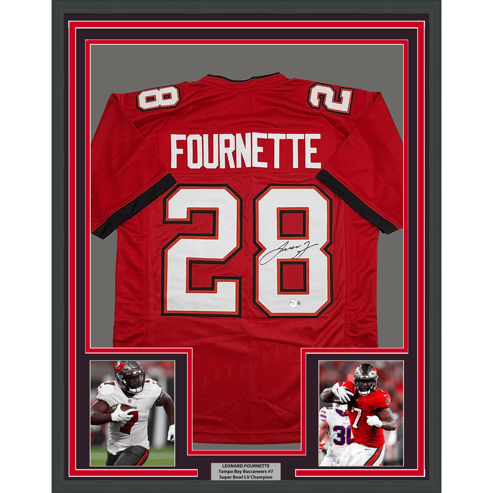 Framed Autographed/Signed Leonard Fournette 35x39 Tampa Bay Red Football Jersey Beckett BAS COA (ONLINE ORDER ONLY)