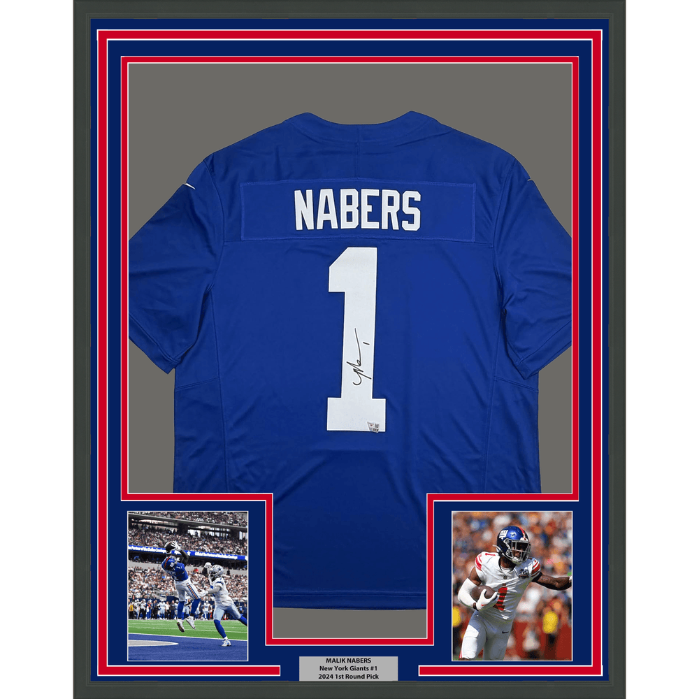 Framed Autographed/Signed Malik Nabers 35x39 New York Giants Blue Authentic Football Jersey Fanatics COA (ONLINE ORDER ONLY)