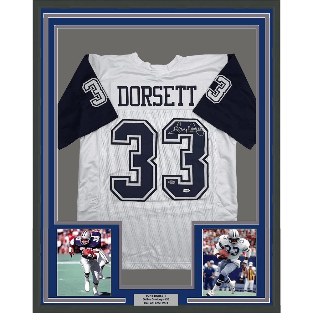 Framed Autographed/Signed Tony Dorsett 35x39 Dallas White Color Rush Football Jersey JSA COA (ONLINE ORDER ONLY)