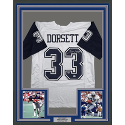 Framed Autographed/Signed Tony Dorsett 35x39 Dallas White Color Rush Football Jersey JSA COA (ONLINE ORDER ONLY)