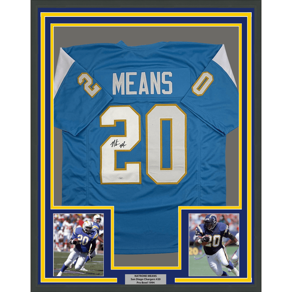 Framed Autographed/Signed Natrone Means 35x39 Los Angeles San Diego Powder Blue Football Jersey Beckett BAS COA (ONLINE ORDER ONLY)