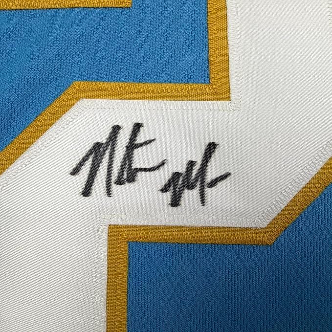 Framed Autographed/Signed Natrone Means 35x39 Los Angeles San Diego Powder Blue Football Jersey Beckett BAS COA (ONLINE ORDER ONLY)
