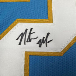 Framed Autographed/Signed Natrone Means 35x39 Los Angeles San Diego Powder Blue Football Jersey Beckett BAS COA (ONLINE ORDER ONLY)