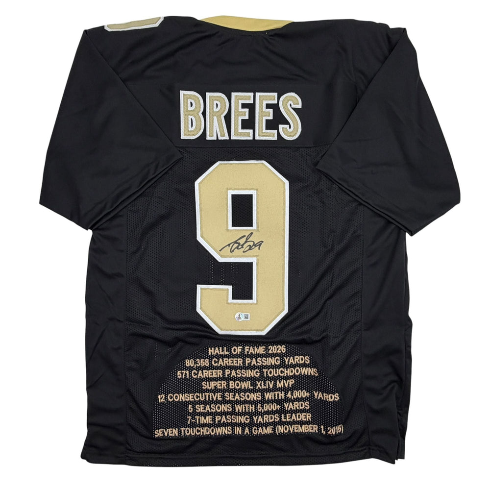 Autographed/Signed Drew Brees New Orleans Black Stat Football Jersey Beckett BAS COA (ONLINE ORDER ONLY)