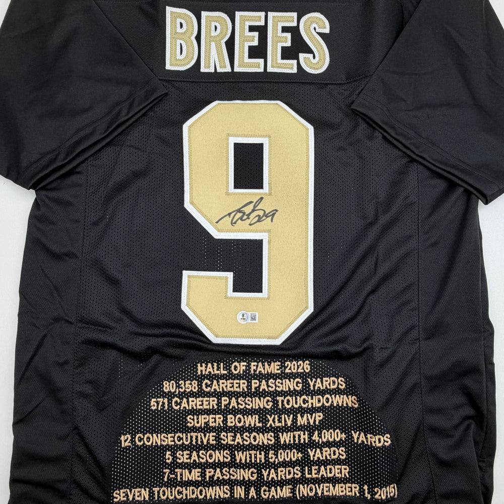 Autographed/Signed Drew Brees New Orleans Black Stat Football Jersey Beckett BAS COA (ONLINE ORDER ONLY)