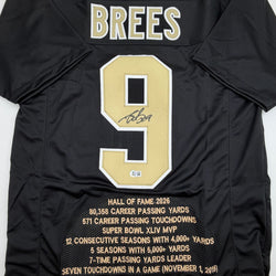 Autographed/Signed Drew Brees New Orleans Black Stat Football Jersey Beckett BAS COA (ONLINE ORDER ONLY)