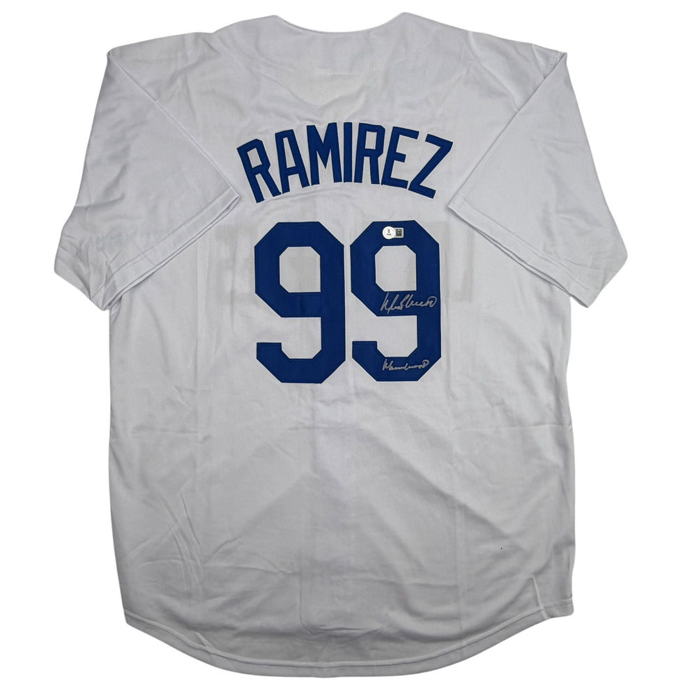 Autographed/Signed Manny Ramirez MannyWood Los Angeles White Baseball Jersey Beckett BAS COA (ONLINE ORDER ONLY)