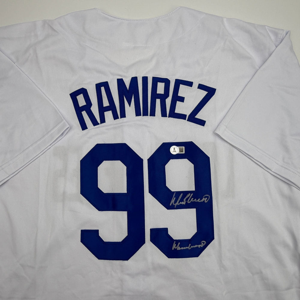 Autographed/Signed Manny Ramirez MannyWood Los Angeles White Baseball Jersey Beckett BAS COA (ONLINE ORDER ONLY)