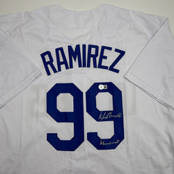 Autographed/Signed Manny Ramirez MannyWood Los Angeles White Baseball Jersey Beckett BAS COA (ONLINE ORDER ONLY)