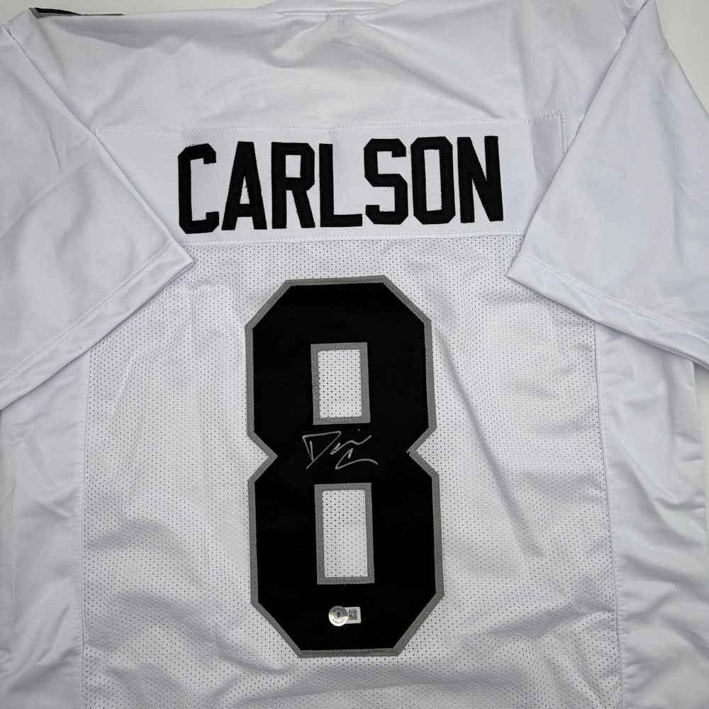 Autographed/Signed Daniel Carlson Las Vegas White Football Jersey Beckett BAS COA (ONLINE ORDER ONLY)