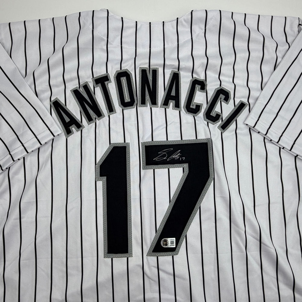 Autographed/Signed Sam Antonacci Chicago Pinstripe Baseball Jersey Beckett BAS COA (ONLINE ORDER ONLY)