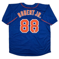 Autographed/Signed Luis Robert Jr. New York Blue Baseball Jersey Beckett BAS COA (ONLINE ORDER ONLY)