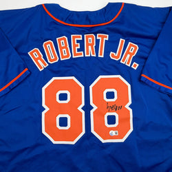 Autographed/Signed Luis Robert Jr. New York Blue Baseball Jersey Beckett BAS COA (ONLINE ORDER ONLY)
