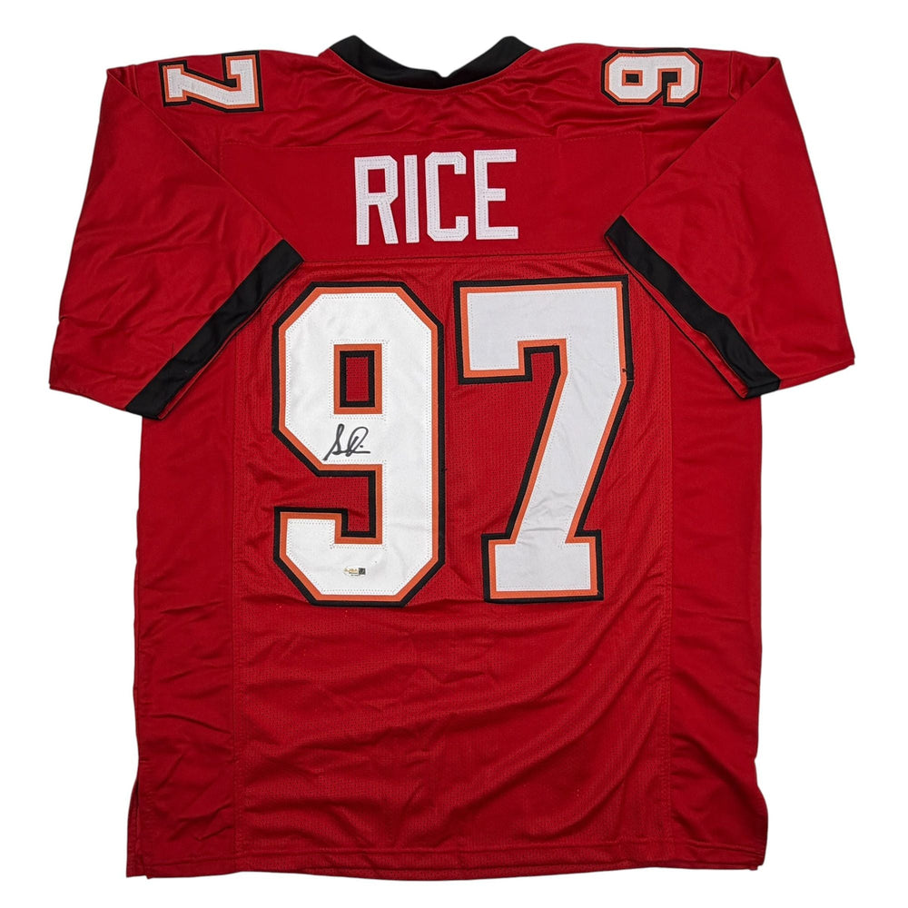 Autographed/Signed Simeon Rice Tampa Bay Red Football Jersey JSA COA (ONLINE ORDER ONLY)